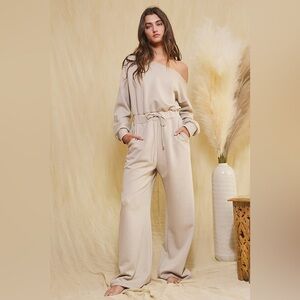 New One Shoulder Long Sleeve Wide Leg Jumpsuit Scuba